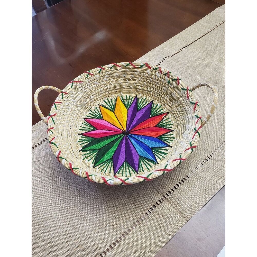 Handwoven Basket With Handles Colorful Embroidered